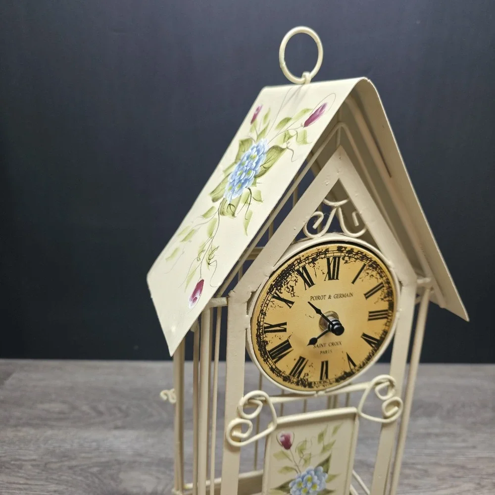 Vintage MANN Bird‎ Cage Clock Tower Metal Floral Hand Painted 16.5